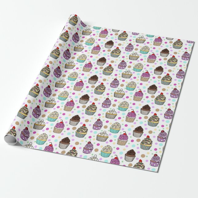 Cute Hand Drawn Cupcakes Whimsical Birthday Wrapping Paper (Unrolled)