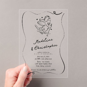 Cute Hand Drawn Cupid on Skis Winter Wedding Acrylic Invitations