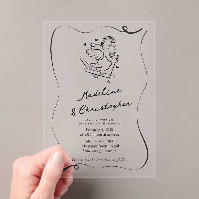Cute Hand Drawn Cupid on Skis Winter Wedding Acrylic Invitations (Insitu (Handheld))