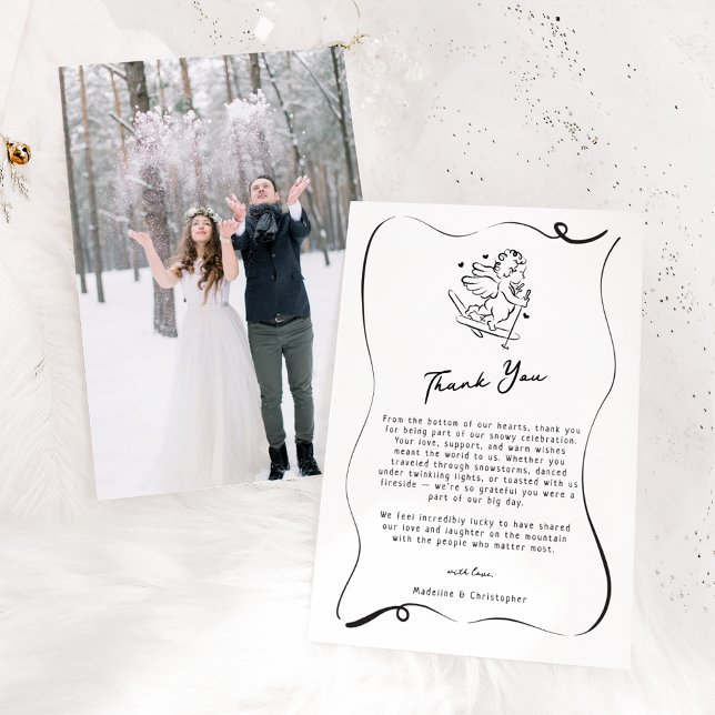 Cute Hand Drawn Cupid Ski Winter Wedding Thank You Card (Creator Uploaded)