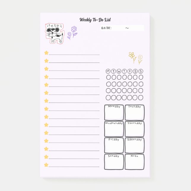 Cute Hand-Drawn Dog 'Keserasera Dog' Weekly To-Do  Post-it Notes (Front)