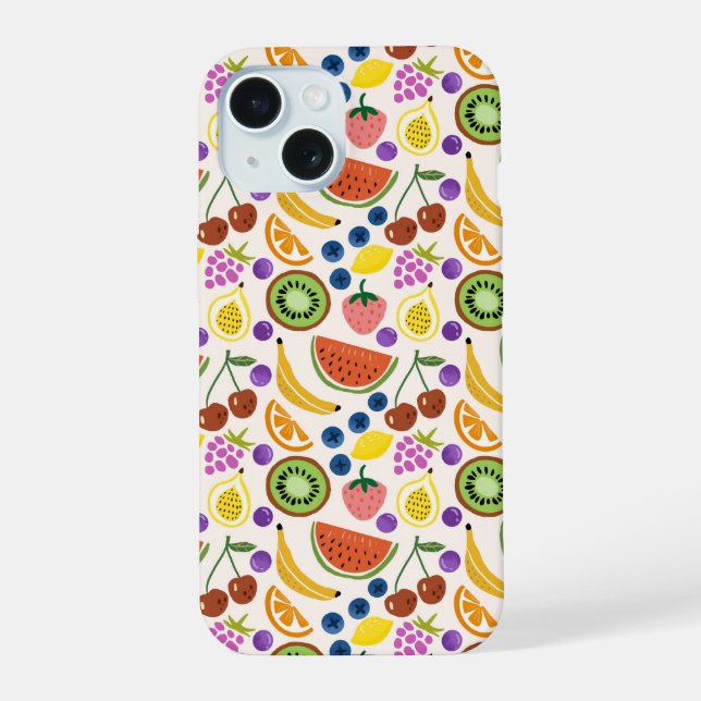 Cute Hand-drawn Doodle Fruits Seamless Pattern iPhone 15 Case (Back)
