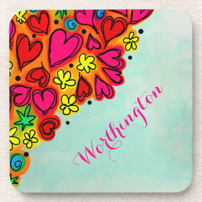 Cute Hand Drawn Doodle Hearts and Flowers Coaster (Front)