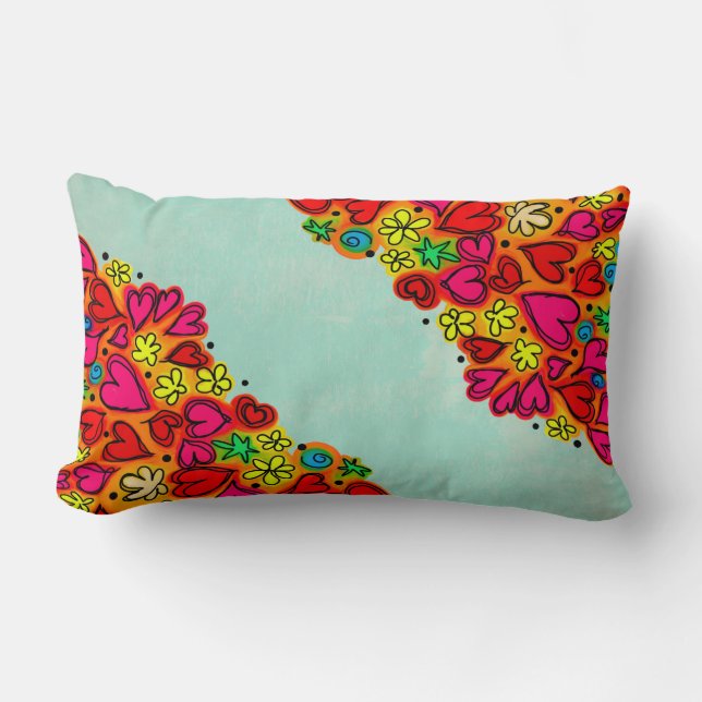 Cute Hand Drawn Doodle Hearts and Flowers Lumbar Cushion (Front)