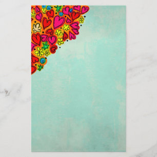 Cute Hand Drawn Doodle Hearts and Flowers Stationery