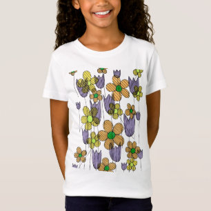 Cute Hand Drawn Doodled Striped Flowers Kids T-Shi T-Shirt