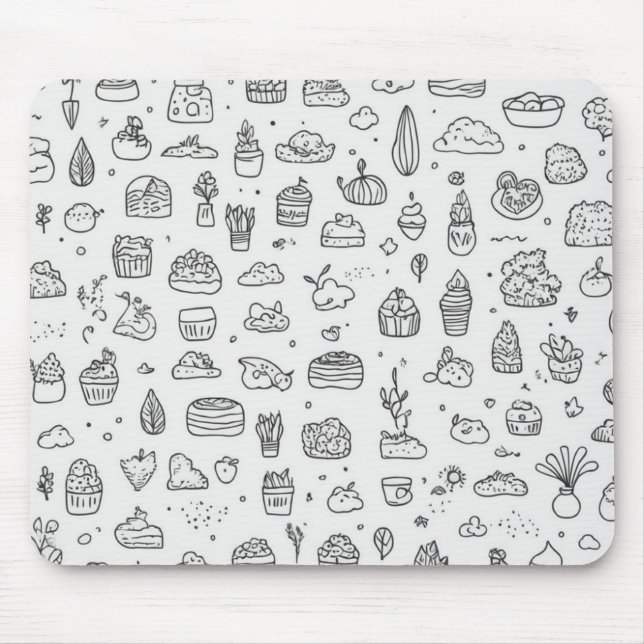 Cute hand-drawn doodles in black and white mouse mat (Front)