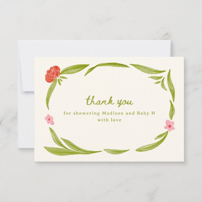 Cute Hand Drawn Floral Baby Shower Thank You Card (Front)