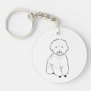 Cute Hand Drawn Fluffy White Bichon Dog with Sad E Key Ring
