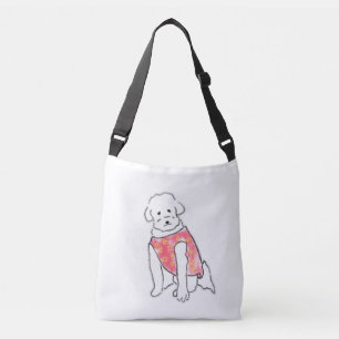 Cute Hand Drawn Fluffy White Dog in Pink Vest Crossbody Bag