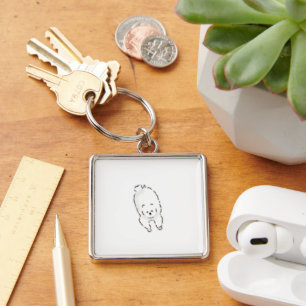 Cute Hand Drawn Fluffy White Dog Lying Down Key Ring