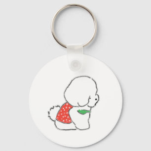 Cute Hand Drawn Fluffy White Puppy in Red Polka Do Key Ring