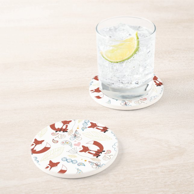 Cute Hand Drawn Fox Hearts in Yellow Blue Pink Coaster (Side)