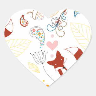 Cute Hand Drawn Fox Hearts in Yellow Blue Pink Heart Sticker