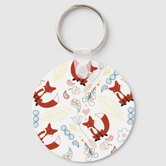 Cute Hand Drawn Fox Hearts in Yellow Blue Pink Key Ring (Front)