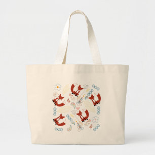 Cute Hand Drawn Fox Hearts in Yellow Blue Pink Large Tote Bag