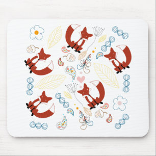 Cute Hand Drawn Fox Hearts in Yellow Blue Pink Mouse Mat