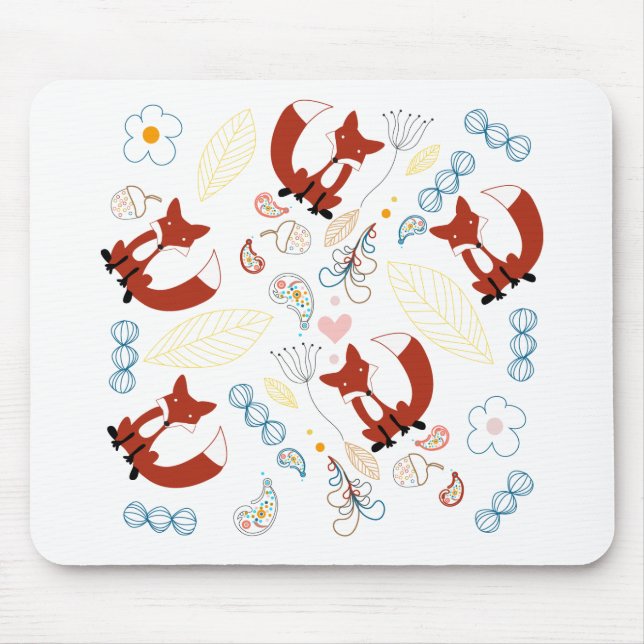 Cute Hand Drawn Fox Hearts in Yellow Blue Pink Mouse Mat (Front)