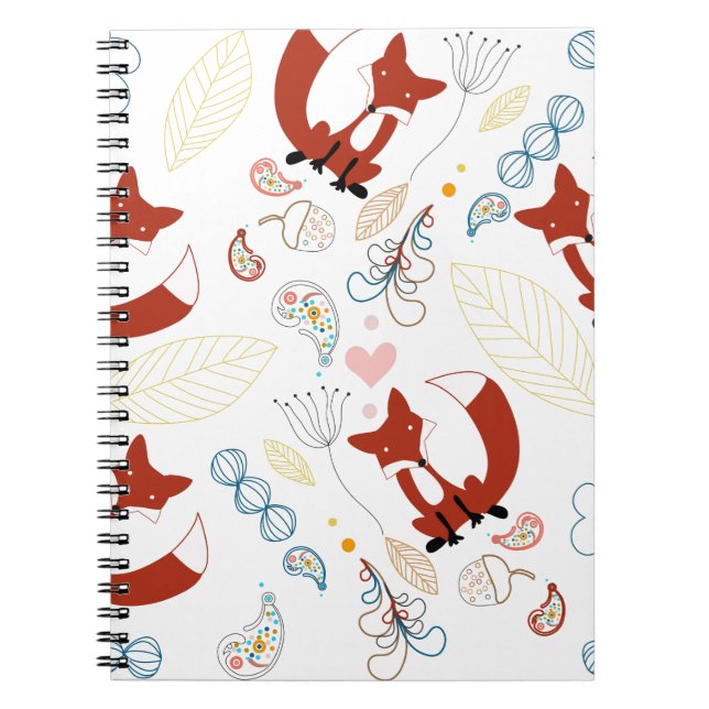 Cute Hand Drawn Fox Hearts in Yellow Blue Pink Notebook (Front)
