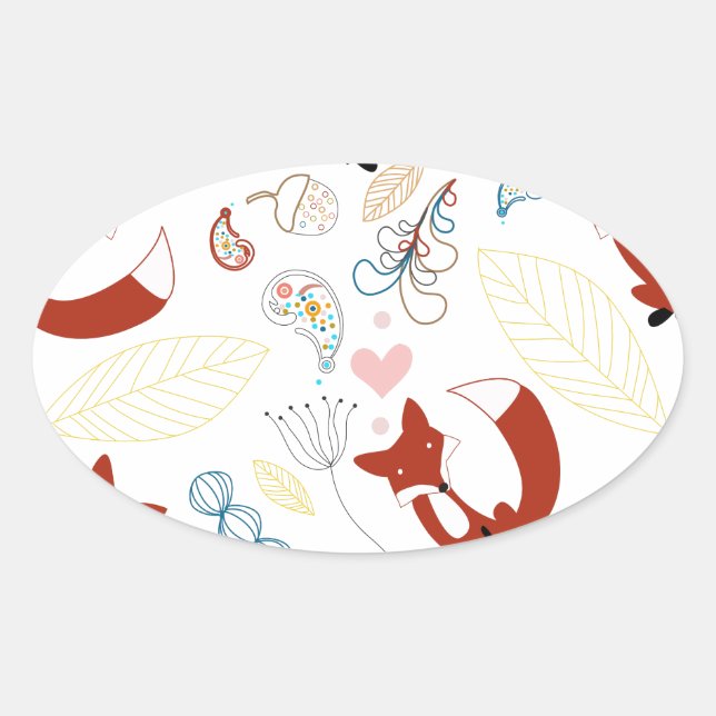 Cute Hand Drawn Fox Hearts in Yellow Blue Pink Oval Sticker (Front)