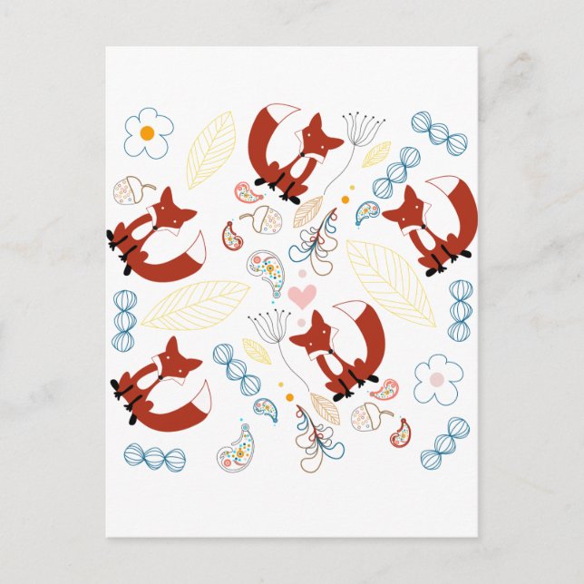 Cute Hand Drawn Fox Hearts in Yellow Blue Pink Postcard (Front)