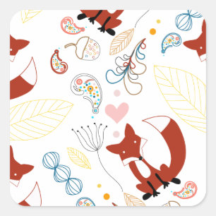 Cute Hand Drawn Fox Hearts in Yellow Blue Pink Square Sticker