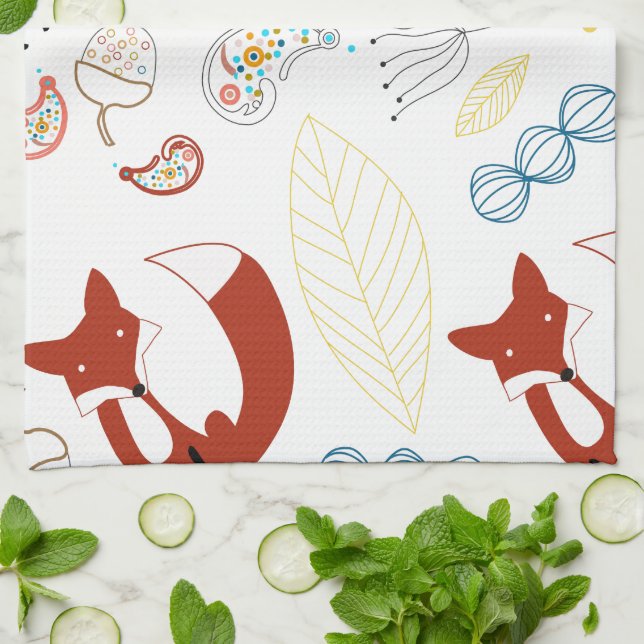 Cute Hand Drawn Fox Hearts in Yellow Blue Pink Tea Towel (Folded)