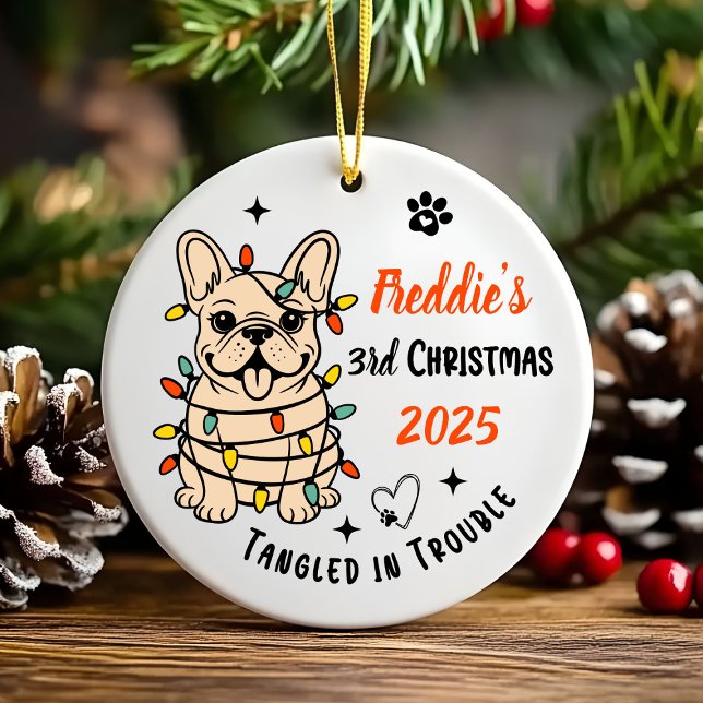 Cute Hand Drawn French Bulldog's First Christmas Ceramic Tree Decoration (Hand drawn custom French Bulldog Ceramic Ornament)