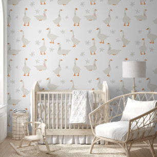 Cute Hand Drawn Goose & Daisies Baby Nursery Wallpaper