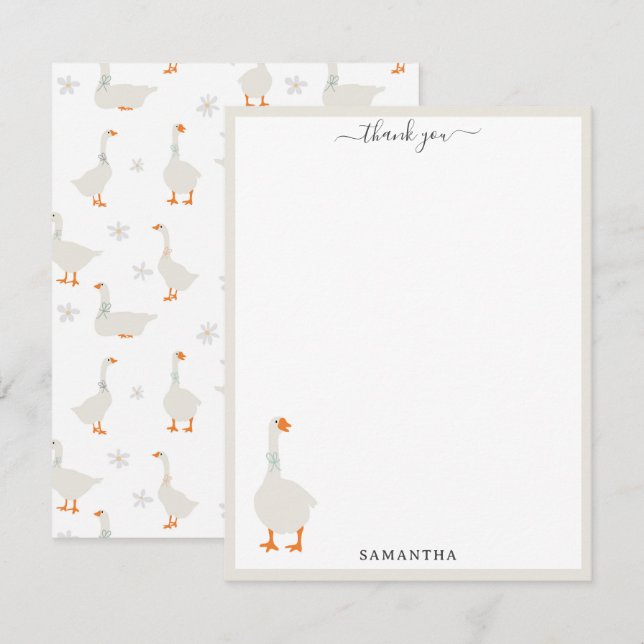 Cute Hand Drawn Goose & Daisies Custom Name Thank You Card (Front/Back)