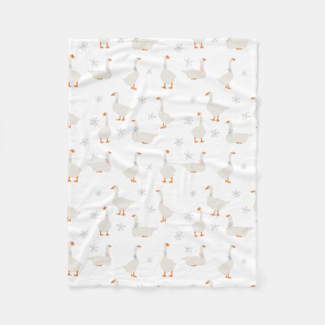 Cute Hand Drawn Goose & Daisies Fleece Blanket (Front)