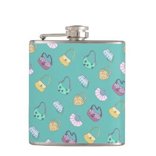 Cute Hand Drawn Handbags Doodles Pattern Teal Hip Flask