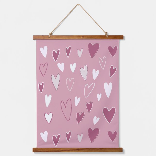 Cute Hand Drawn Hearts Pink White Hanging Tapestry (Front)
