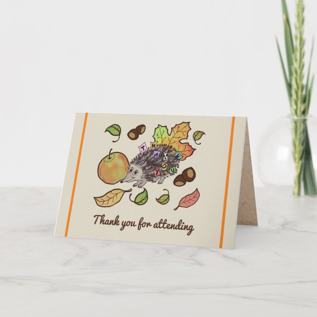 Cute hand drawn hedgehog in fall with leaves thank you card (Front)