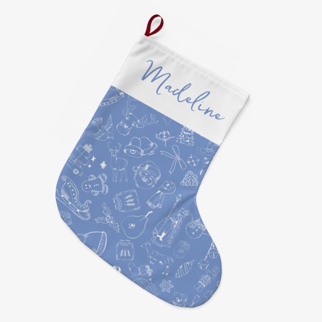 Cute Hand Drawn Holiday Doodle Pattern Large Christmas Stocking (Front (Hanging))