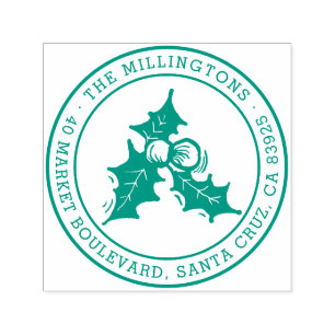 Cute Hand Drawn Holly Round Name & Return Address Self-inking Stamp