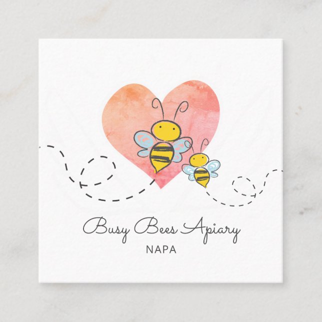 Cute Hand Drawn Honey Bees Pink Heart Apiary Farm Square Business Card (Front)
