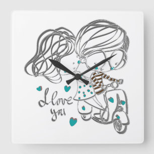 Cute Hand-Drawn "I Love You" Digital Art Square Wall Clock