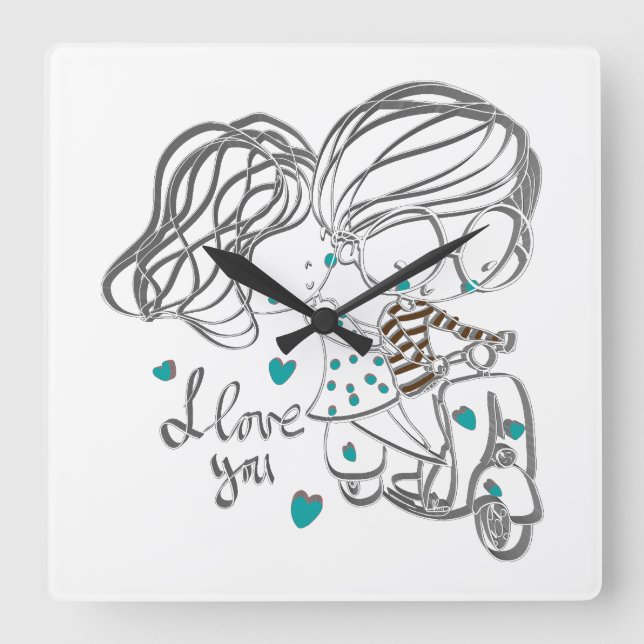 Cute Hand-Drawn "I Love You" Digital Art Square Wall Clock (Front)