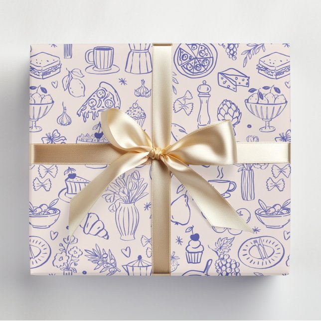 Cute Hand Drawn Italian Food and Flowers Kitchen Wrapping Paper Sheet (In situ)