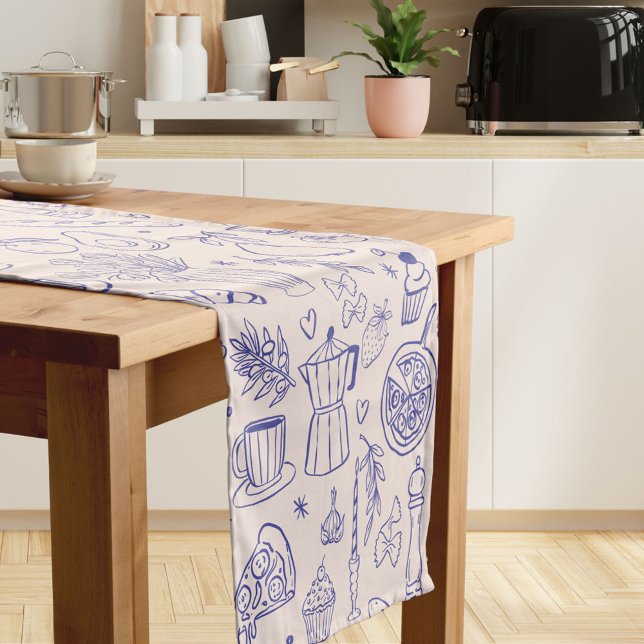 Cute Hand Drawn Italian Food and Flowers Short Table Runner (In situ)