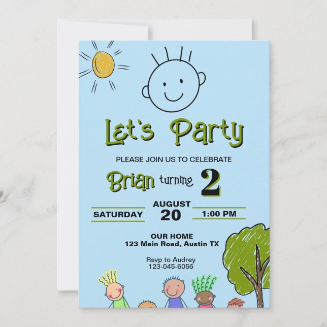 Cute Hand Drawn Kids Birthday Invitation (Front)