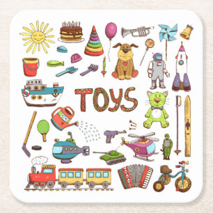 Cute Hand Drawn Kids Cartoon Toys Square Paper Coaster