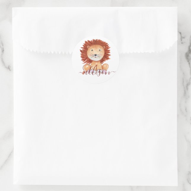 Cute hand drawn lion personalised kids classic round sticker (Bag)