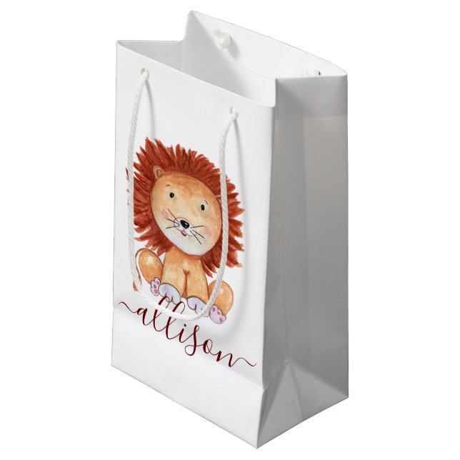 Cute hand drawn lion personalised kids  small gift bag (Front Angled)