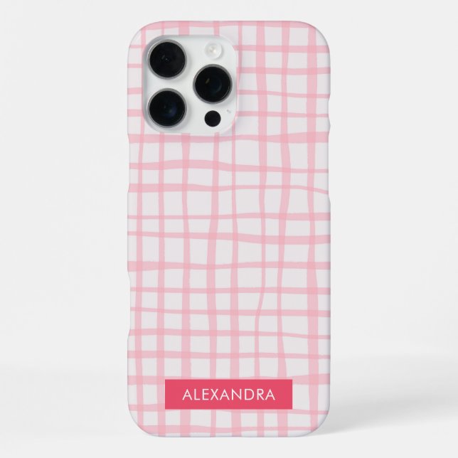 Cute Hand-Drawn Modern Pink Grid iPhone Case (Back)