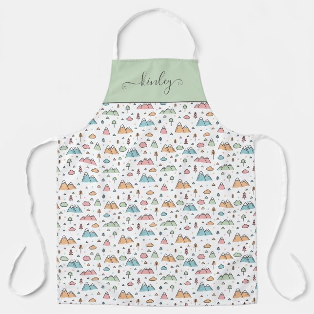 Cute Hand Drawn Mountain Scene Pattern Apron (Front)