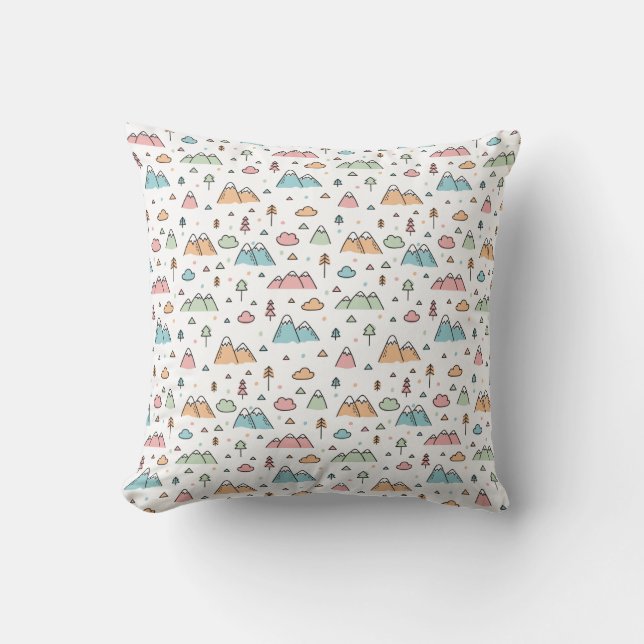 Cute Hand Drawn Mountain Scene Pattern Cushion (Front)