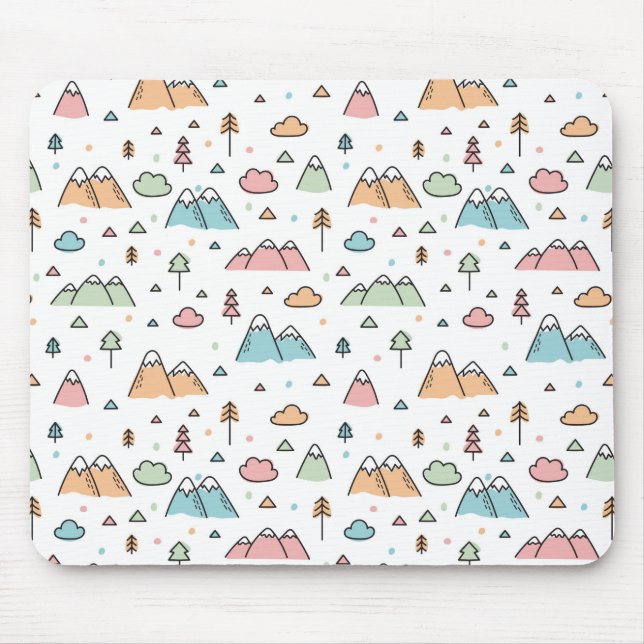 Cute Hand Drawn Mountain Scene Pattern Mouse Mat (Front)