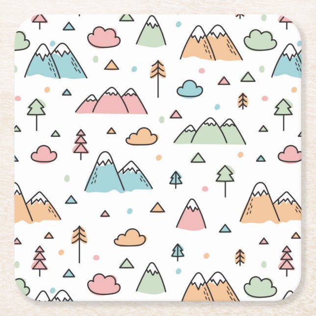 Cute Hand Drawn Mountain Scene Pattern Square Paper Coaster (Front)